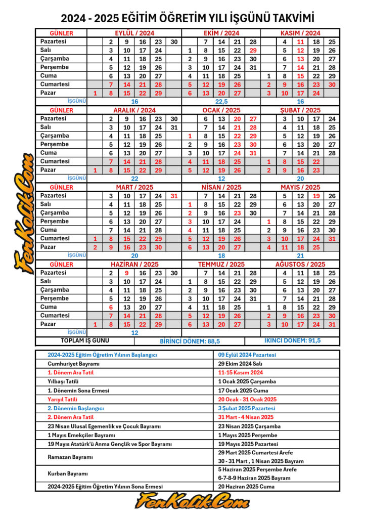 2024-2025 MEB Çalışma Takvimi