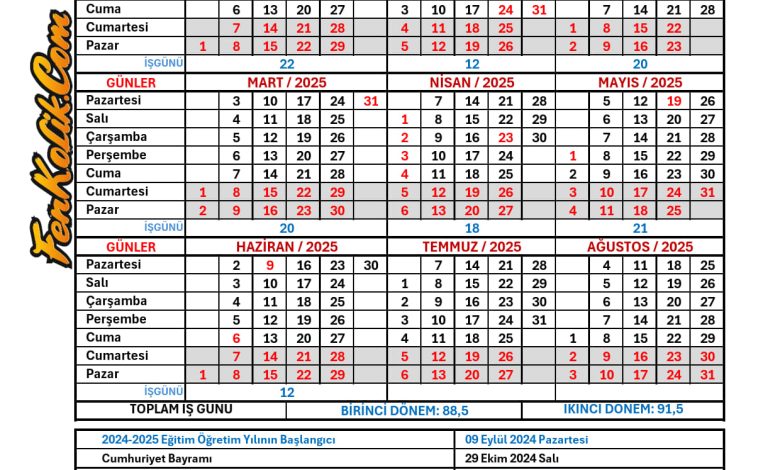 2024-2025 MEB Çalışma Takvimi